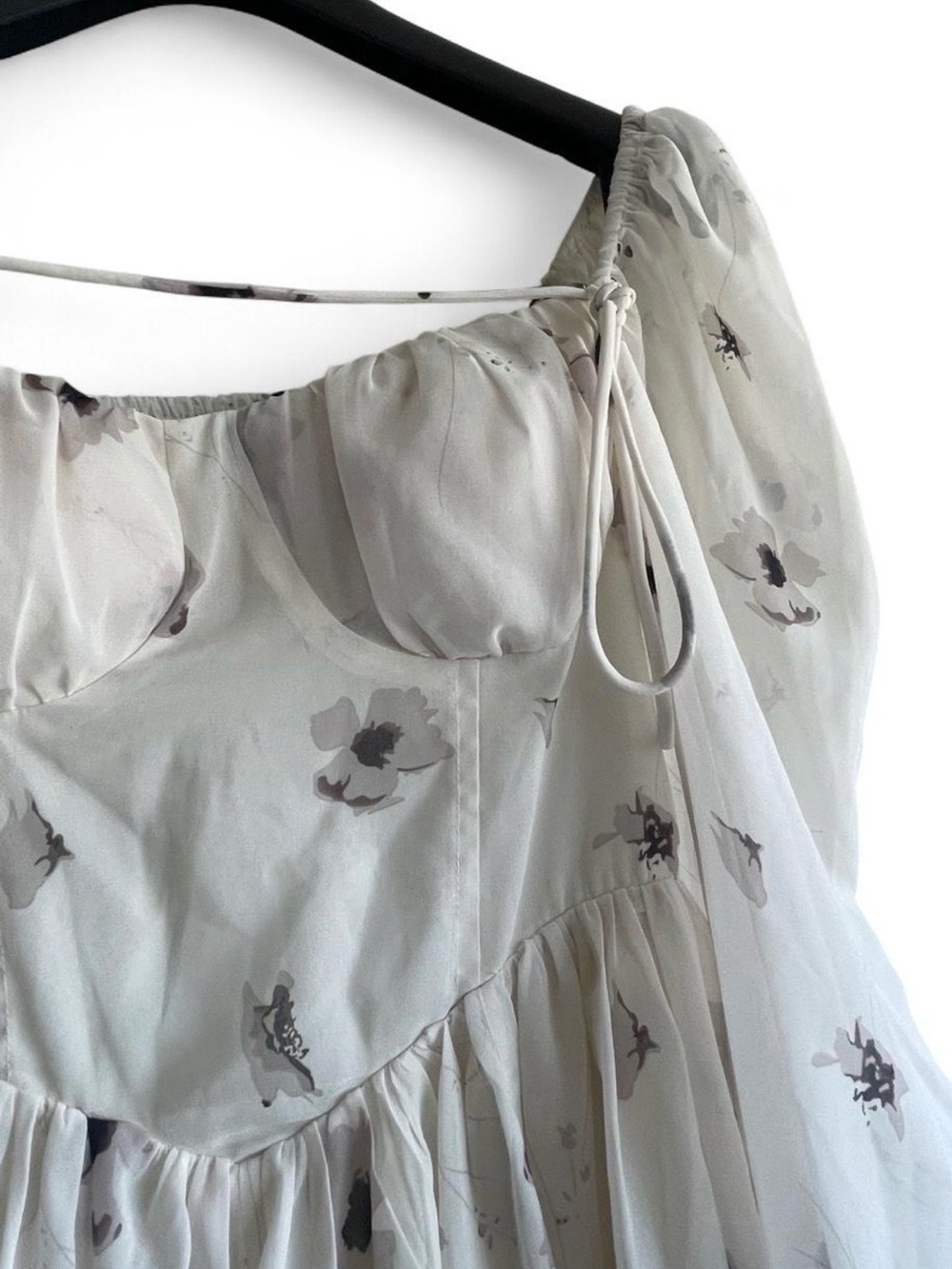 K-Fashion Floral Chiffon Puff Sleeve Smocked Corset Fairy Mini Dress | Cream M - Picture 9 of 16